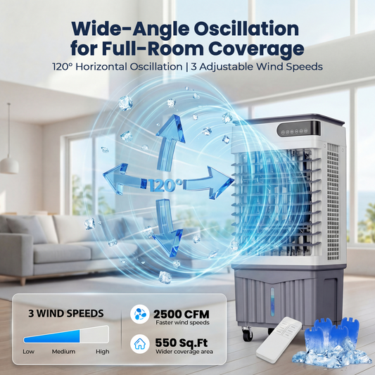 2500 CFM Swamp Cooler, Portable Evaporative Air Cooler with 8.3 Gal Water Tank, 4 Ice Packs, 120 Degree Oscillation, 3 Speeds, 12H Timer, Remote Fan for Large Room Garage