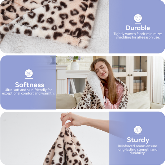 Heated Electric Blanket, 72"x84" Flannel Heating Blanket Features 12-Hour Timer with 1-Hour Intervals, Machine Washable Sherpa with Overheating Protection, Ideal Gifts for Her, Cream Leopard