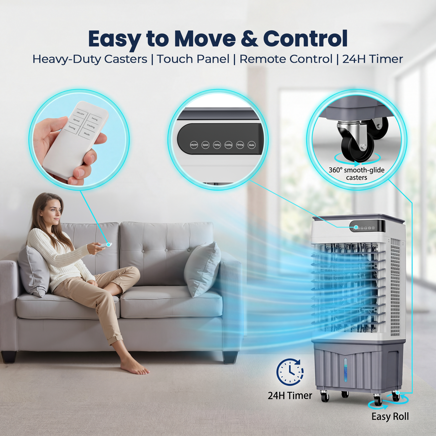 2500 CFM Swamp Cooler, Portable Evaporative Air Cooler with 8.3 Gal Water Tank, 4 Ice Packs, 120 Degree Oscillation, 3 Speeds, 12H Timer, Remote Fan for Large Room Garage