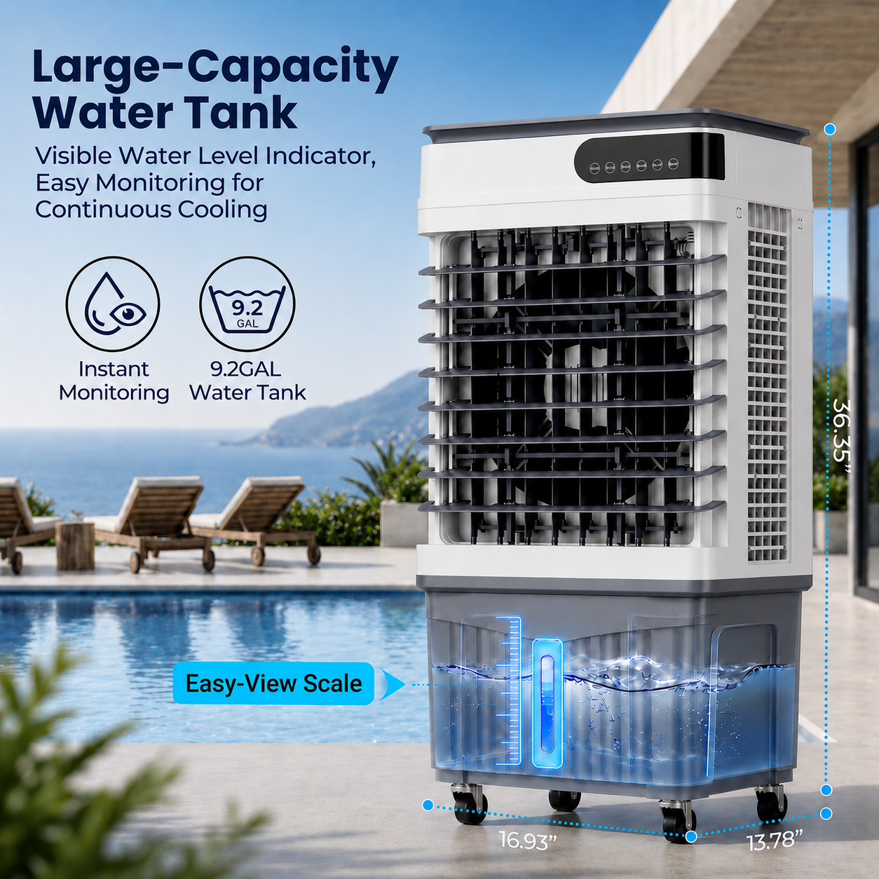 2800CFM Swamp Cooler, Portable Evaporative Air Cooler with 9.2 Gal Water Tank, 4 Ice Packs, 120° Oscillation, 3 Speeds & Modes, 12H Timer, Remote Cooling Fan for Large Room Garage