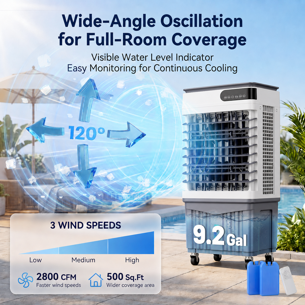 2800CFM Swamp Cooler, Portable Evaporative Air Cooler with 9.2 Gal Water Tank, 4 Ice Packs, 120° Oscillation, 3 Speeds & Modes, 12H Timer, Remote Cooling Fan for Large Room Garage