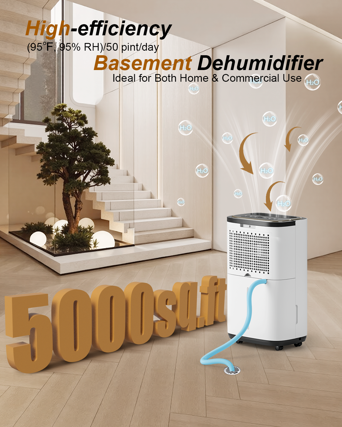 5000 sq.ft Dehumidifier for Basement, 50 Pint Dehumidifiers for Home with Drain Hose, Smart Humidity Control, 24H Timer & Child Lock, Ideal for Large Room, Bathroom, Bedroom, Garage