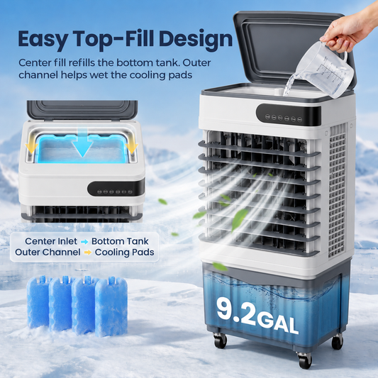 2800CFM Swamp Cooler, Portable Evaporative Air Cooler with 9.2 Gal Water Tank, 4 Ice Packs, 120° Oscillation, 3 Speeds & Modes, 12H Timer, Remote Cooling Fan for Large Room Garage